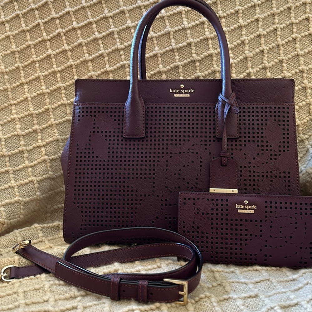 KS Cameron deep plum perforated satchel with matching wallet and dust bag